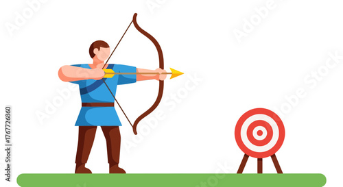 Archer Aims Arrow Towards Target, Sporting Equipment, Archery Competition, Accuracy And Precision