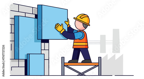 Architectural Illustration Depicting a Construction Worker Installing Wall Panels Creatively
