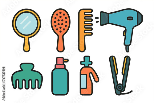 Essential hair care and styling tools set including mirror brush comb hairdryer and straightener