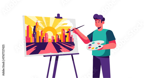 Artist Painting a City Scape at Sunset Using Vibrant Colors and Brushstrokes