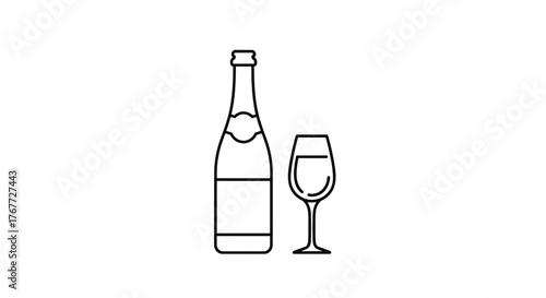 Line art of a champagne bottle next to a wine glass filled with liquid.