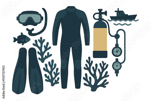 Scuba diving gear flat lay with wetsuit air tank mask fins and marine life elements