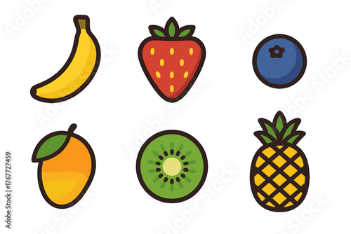 Collection of popular fresh fruits and berries: banana, strawberry, blueberry, mango, kiwi, and pineapple