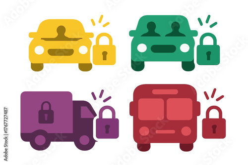 Graphic symbols for vehicle protection and anti-theft measures across different transport modes