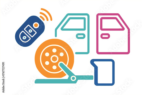 Automotive repair and maintenance symbols showing car door, remote key, wheel, and jack