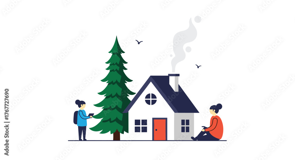 Naklejka premium Two people outside a house with a Christmas tree, one standing with a tablet and another sitting down.