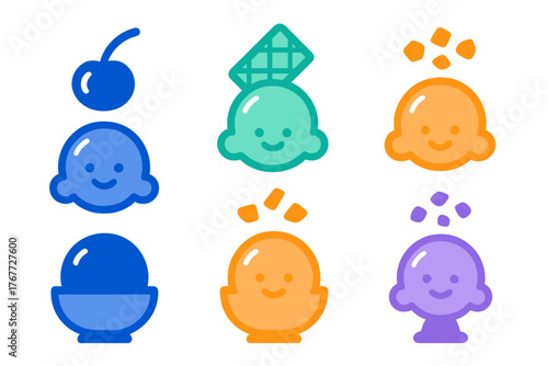 Assortment of happy dessert characters in bright colors with cherry waffle and sprinkle toppings