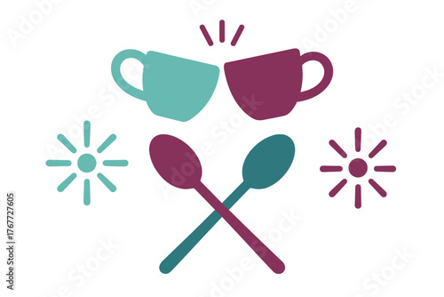 Two coffee mugs clinking together above crossed spoons with decorative sparkles