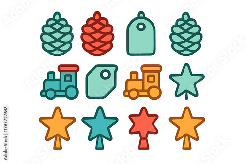 Festive Christmas and winter holiday symbols including pine cones toy trains and star tree toppers
