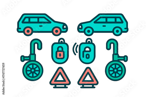 Collection of colorful automotive security and roadside safety equipment symbols and signs
