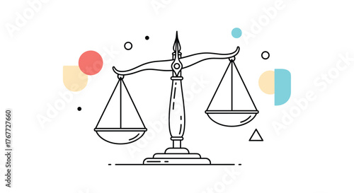Line art illustration of a balanced scale with colorful abstract shapes in the background.