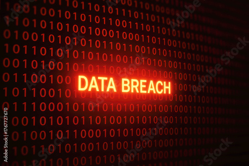 Glowing orange text DATA BREACH on a red binary code background data breach digital