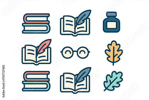 Academic and literary symbols featuring stacked books, writing quills, ink, reading glasses, and autumn leaves