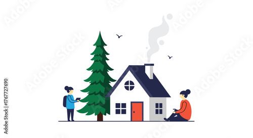 Two people outside a house with a Christmas tree, one standing with a tablet and another sitting down.