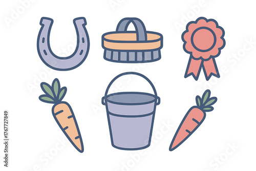 Collection of essential items for horse care and equestrian activities including horseshoe and grooming tools
