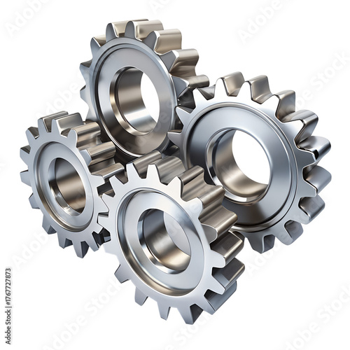Four metal gears interlocking, isolated on transparent background