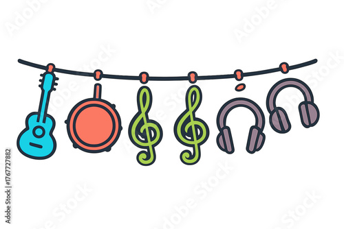 Brightly colored musical instruments and symbols hanging on a decorative string garland