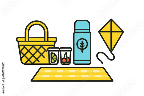 Collection of essential items for a summer picnic outing including basket and blanket