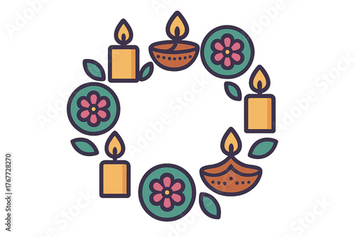 Festive wreath with lit candles, traditional clay diyas, and decorative flowers
