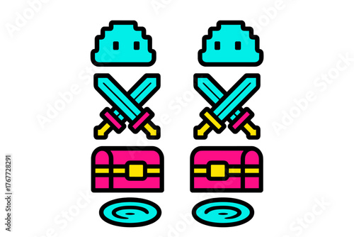 Retro pixel art style gaming icons set featuring crossed swords treasure chest and enemy head