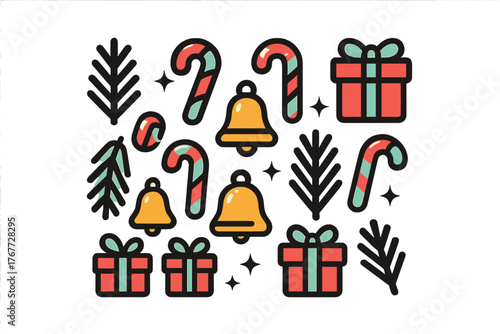 Colorful Christmas holiday icons set featuring candy canes bells gift boxes and pine branches arranged randomly