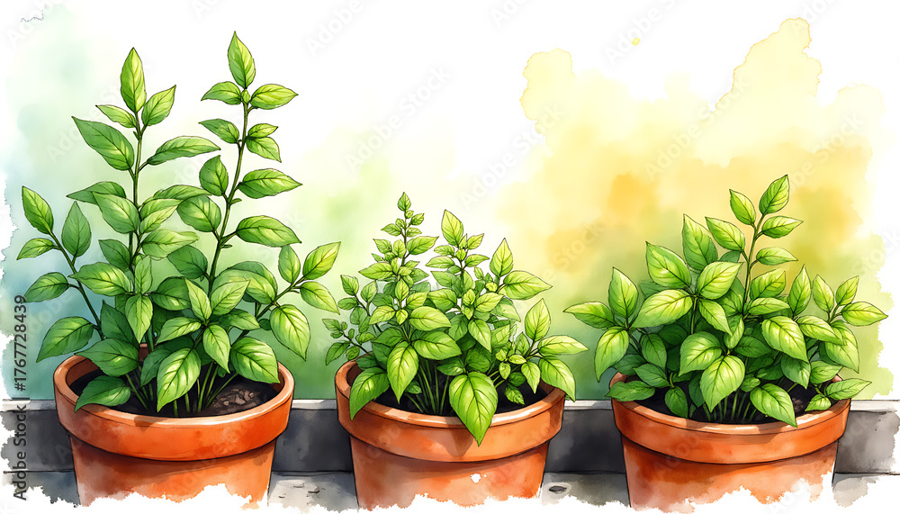Fototapeta premium Watercolor painting of three potted basil plants on a windowsill