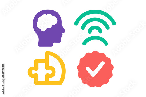 Set of four colorful icons for intelligence, wireless connection, problem solving, and success