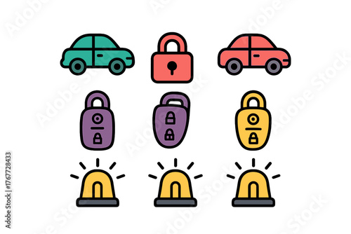 Colorful flat design icons representing automotive security, vehicle safety, cars, key fobs, and alarms