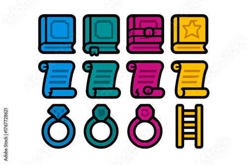 Colorful fantasy game assets including magic books ancient scrolls diamond rings and a wooden ladder