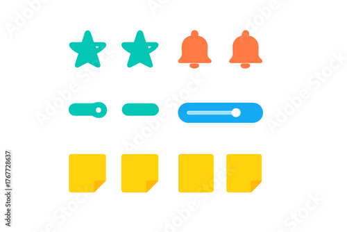 Colorful user interface elements collection featuring stars, notification bells, sliders, and sticky notes