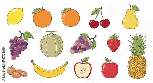 A colorful assortment of fresh fruits including a banana, apples, grapes, and pineapple.