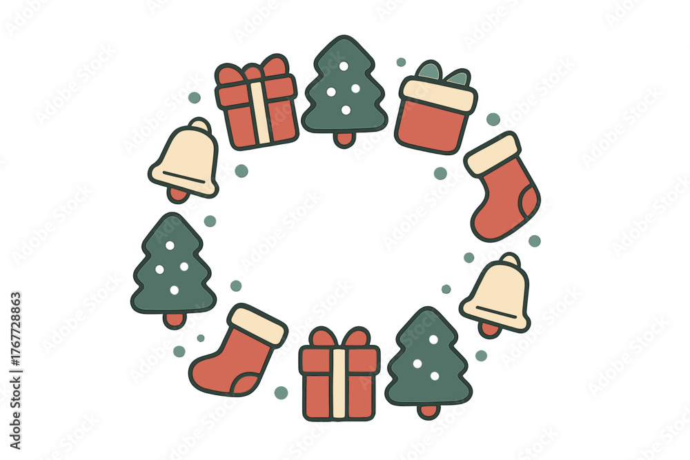 Fototapeta premium Festive Christmas holiday icons arranged in a circular frame with copy space