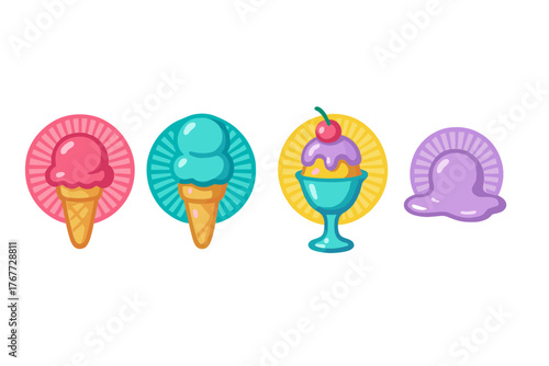 Brightly colored set of sweet frozen desserts including cones, a sundae, and a melting scoop