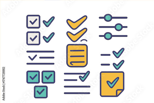 Set of colorful checkmark symbols, task list elements, checkboxes, and user interface controls