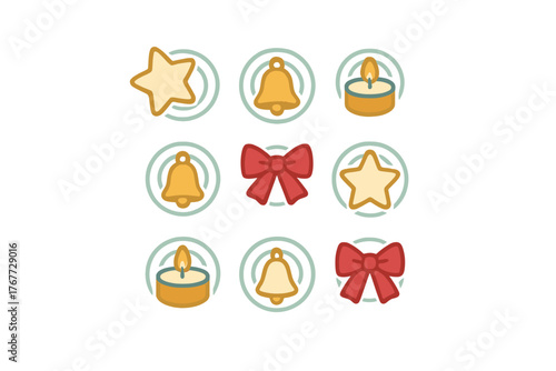 Festive holiday symbols including stars, bells, lit candles, and decorative red bows
