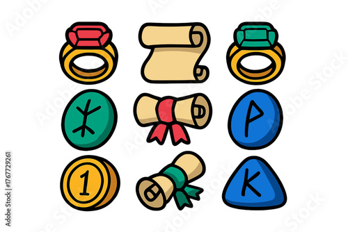Collection of fantasy game assets featuring magic rings, ancient scrolls, gold coin, and rune stones