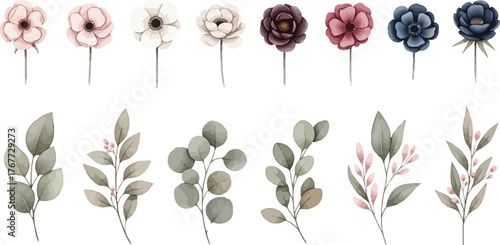 Delicate watercolor botanical illustrations of flowers and eucalyptus leaves in soft pastel tones
