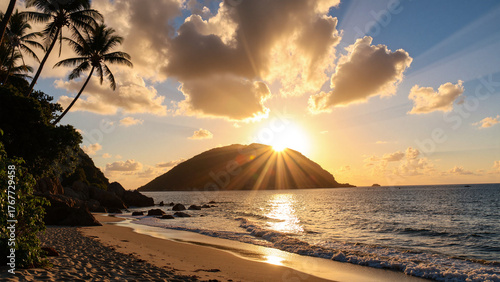 Landscape photo of a tropical island during sunrise