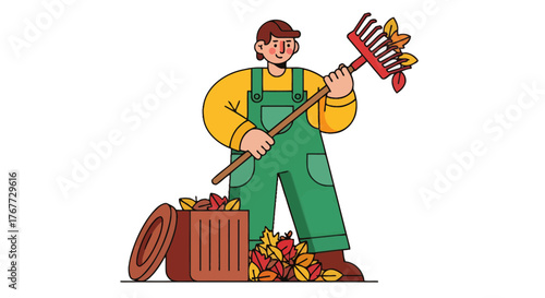 Autumn Gardener Raking Leaves And Putting Them In A Wooden Trash Bin