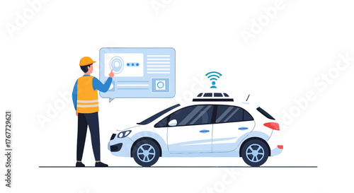 Autonomous Vehicle Technology: Technician Interacting With Self Driving Car System
