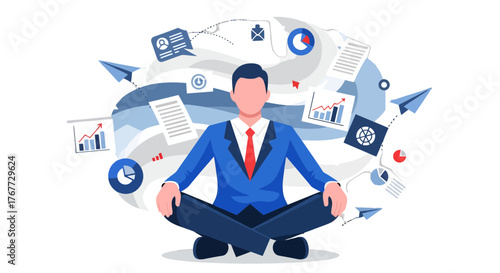 Business Analyst Meditating Amidst Project Data Visualizations and Paperwork