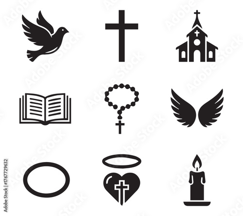 Collection of christian religious symbols including a dove cross church bible rosary wings halo and candle