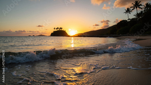 Landscape photo of a tropical island during sunrise