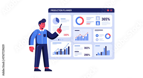 Business Analyst Presenting Data and Production Planner Dashboard Information, Concept Illustration