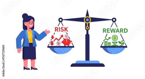 Balancing Finance: Risk vs Reward Illustrated by a Professional Woman in Business