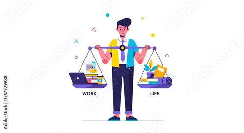 Balancing Work And Life: Cartoon Character With Scales Illustrating Equilibrium Perfectly