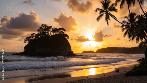 Landscape photo of a tropical island during sunrise