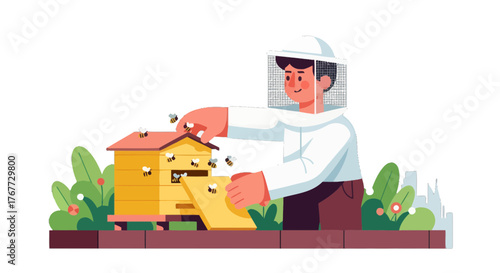 Beekeeper Inspecting Hive Producing Honey And Working With Pollinating Insects Very Close-up