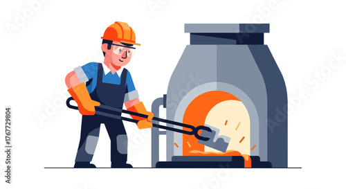 Blacksmith at Work Forging Metals in a Furnace Depicting Industrial Processes