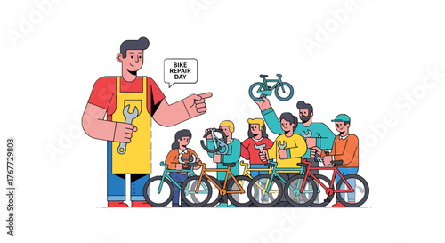 Bike Repair Day Illustration Depicting Group of People Enjoying Bicycle Maintenance Activities